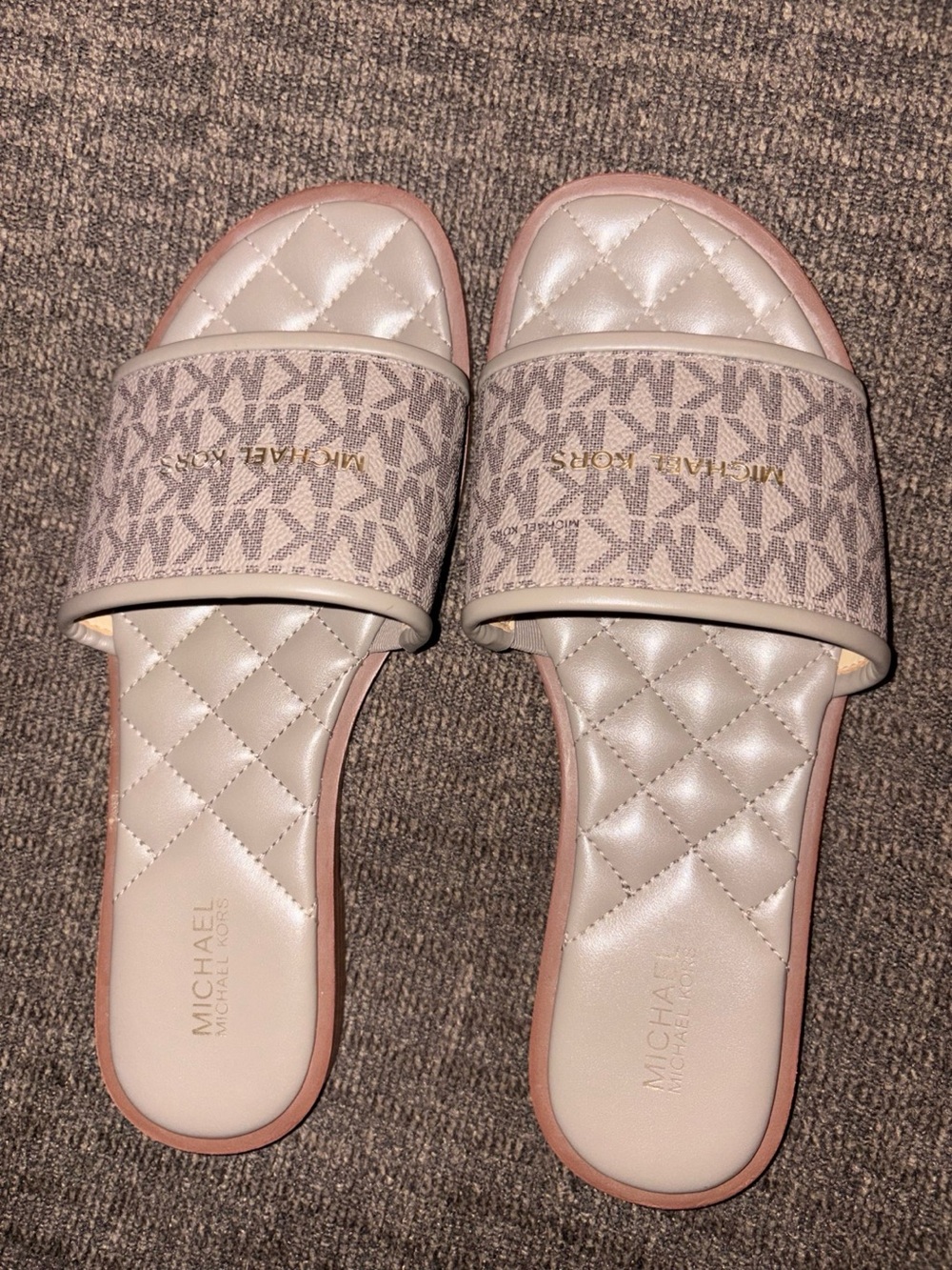 Michael Kors Quilted Logo Slide Sandals in Taupe and Pink-Tan Trim